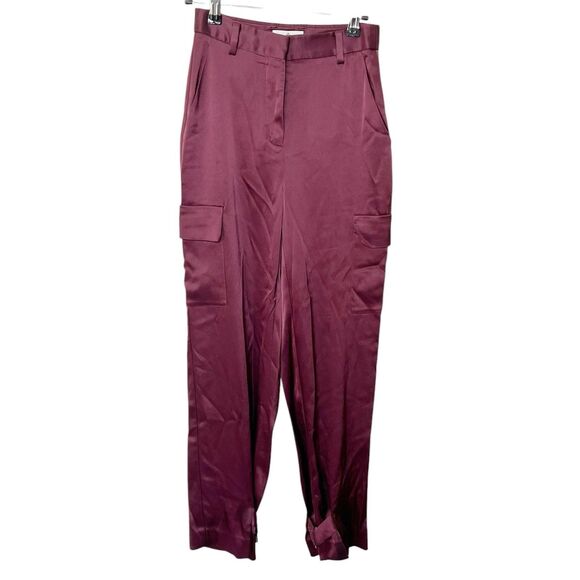 Babaton Satin Cargo Pants Women’s Size 00 Burgundy Utility Trousers Y2K - Picture 2 of 14